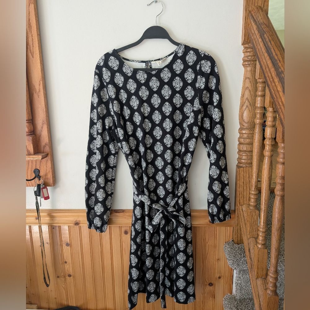 Boden Violet‎ Ponte Shift Tie Waist Black Mosaic Dress Size 14L Tall Long - Picture 6 of 11